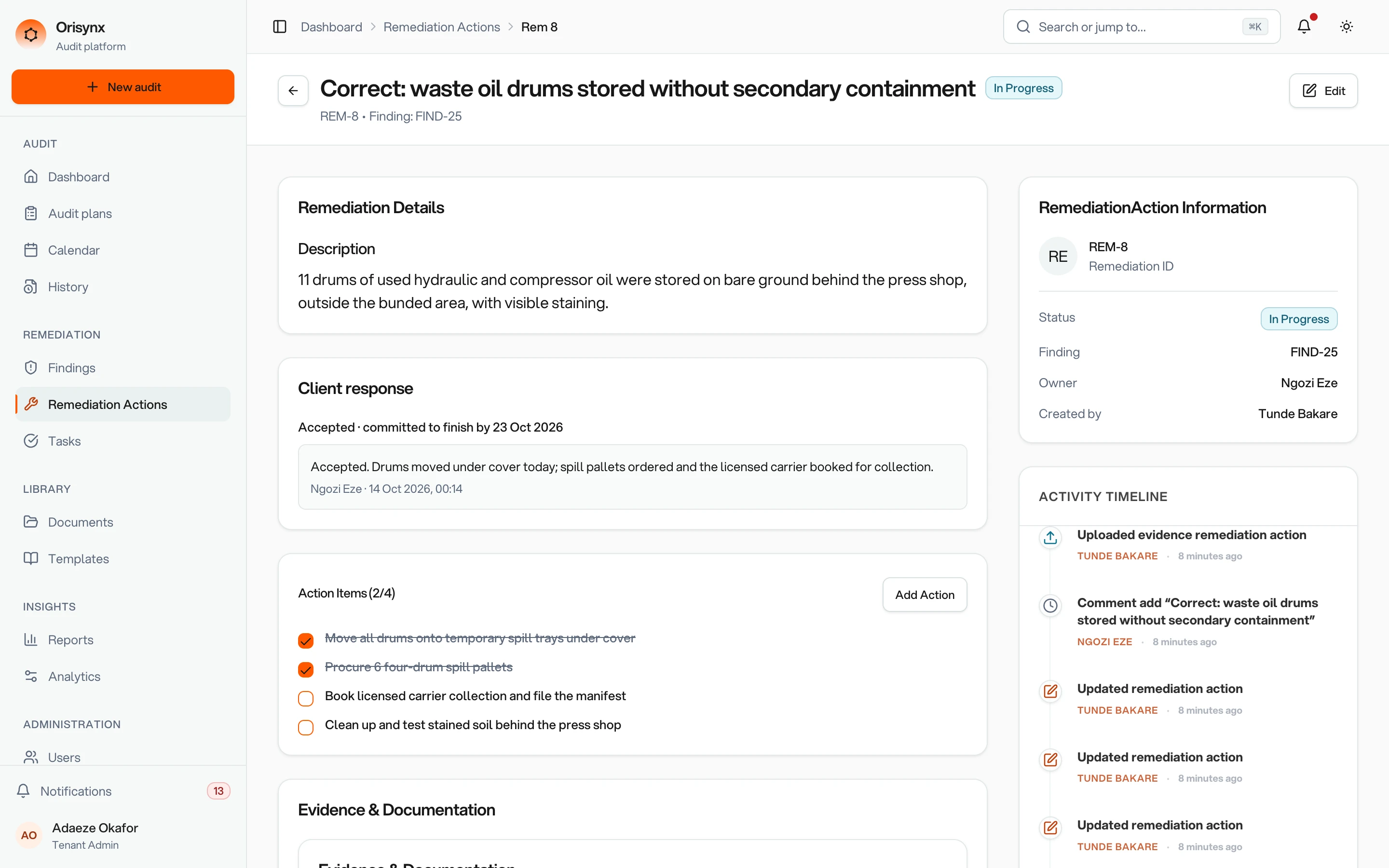 Orisynx remediation action screen with fictional sample data