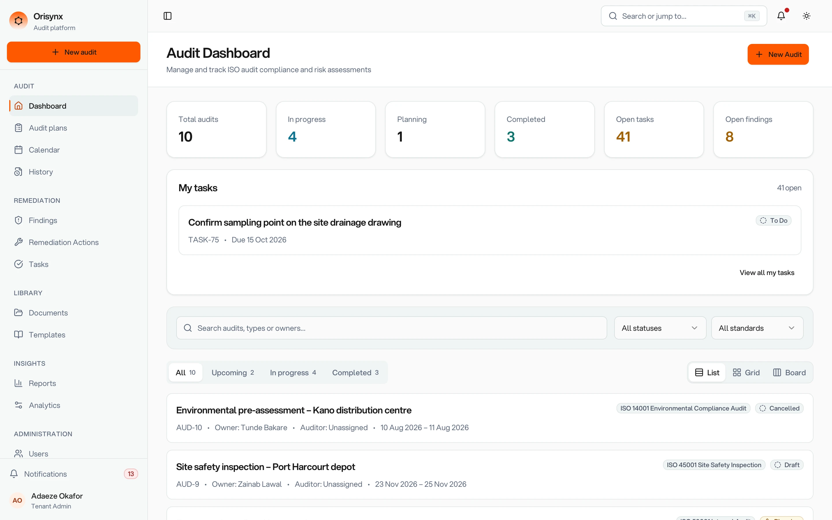 The Orisynx dashboard, showing open findings, overdue actions and the year’s audits for a fictional manufacturer