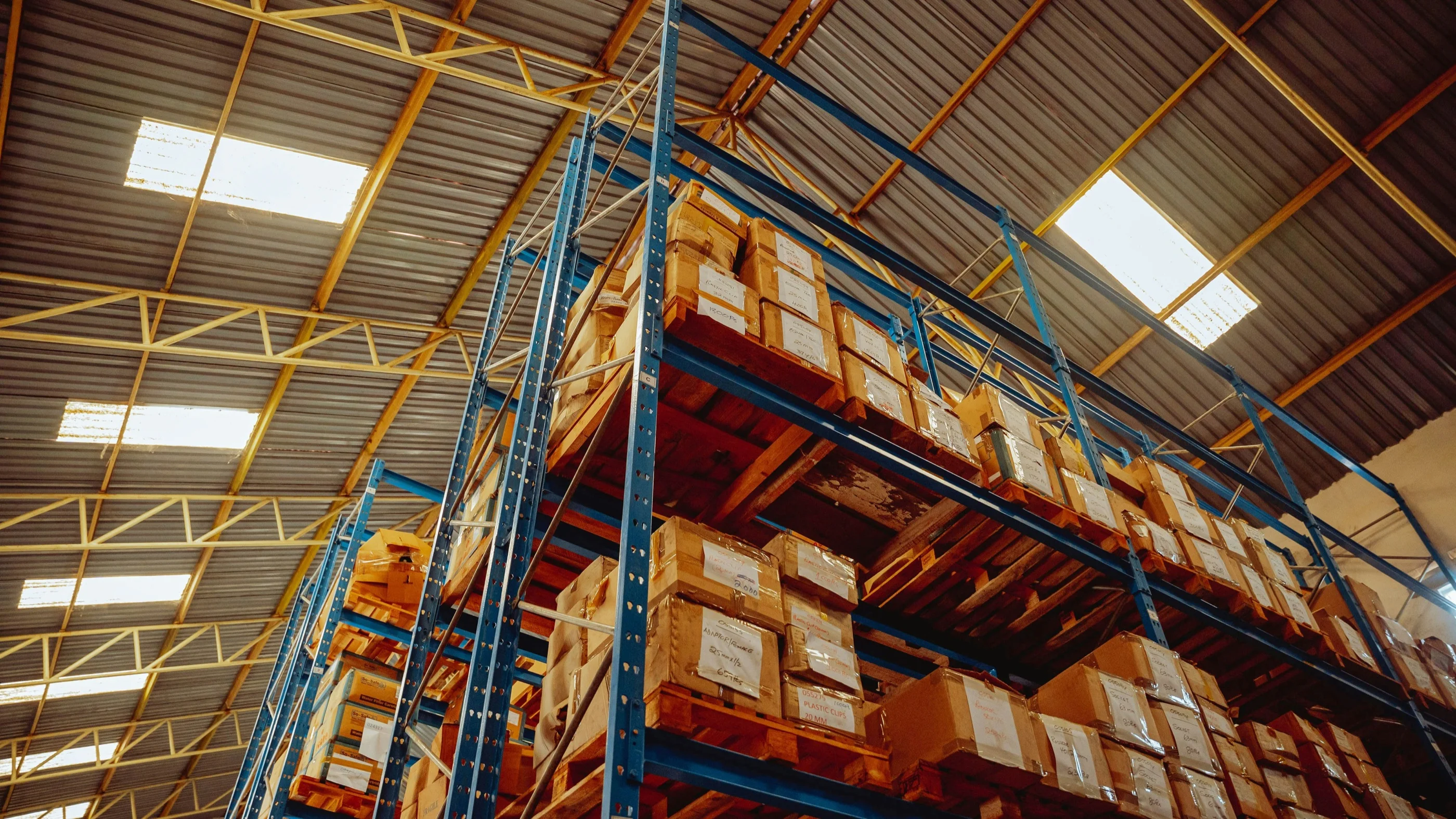 Low-angle view of tall blue pallet racking loaded with cartons under a warehouse roof with skylights